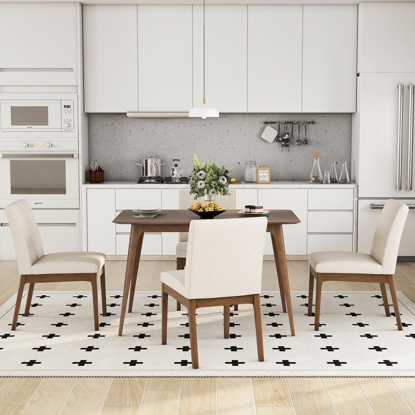 Ball & Cast 5-Piece Dining Table Set for 4,Kitchen Table Set W/ 47" Rectangle Table,Living Room Furniture W/ 4 Upholstered Chairs,for Dining Room,Kitchen,Restaurant,Walnut+Light Beige