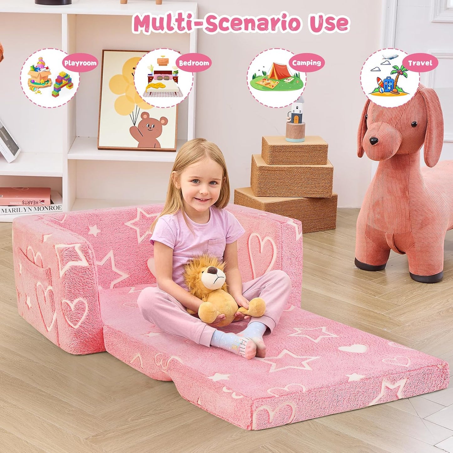 Toddler Chair Comfy,2-in-1 Soft Toddler Couch Fold Out for Kids,Convertible Sofa to Lounger,Gift for Girls and Boys Birthday,Heart,Large