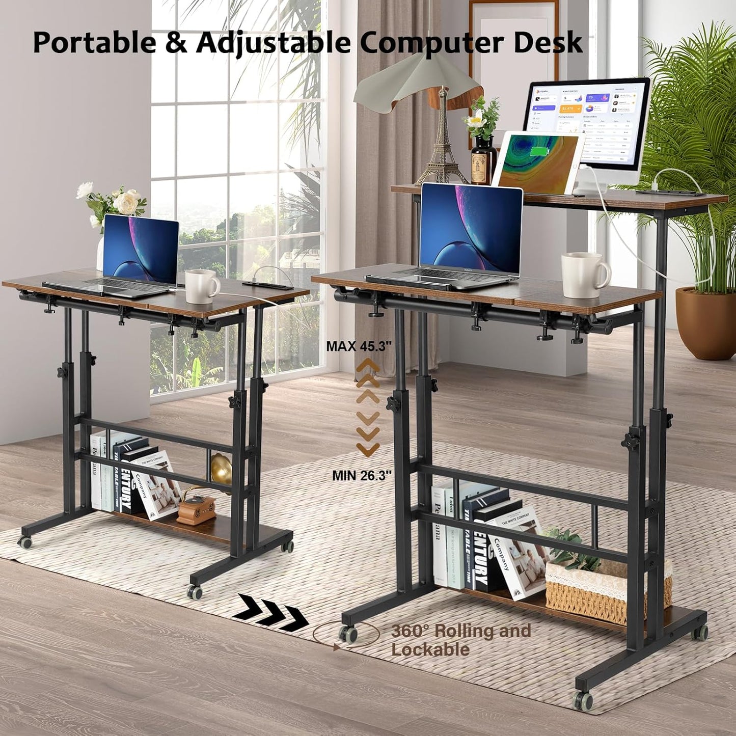 Hadulcet Mobile Standing Desk Adjustable Height, Rolling Desk Stand Up Desk, Mobile Laptop Desk, Rolling Computer Desk with Charging Station, Portable Desk with Wheels, Rustic Brown