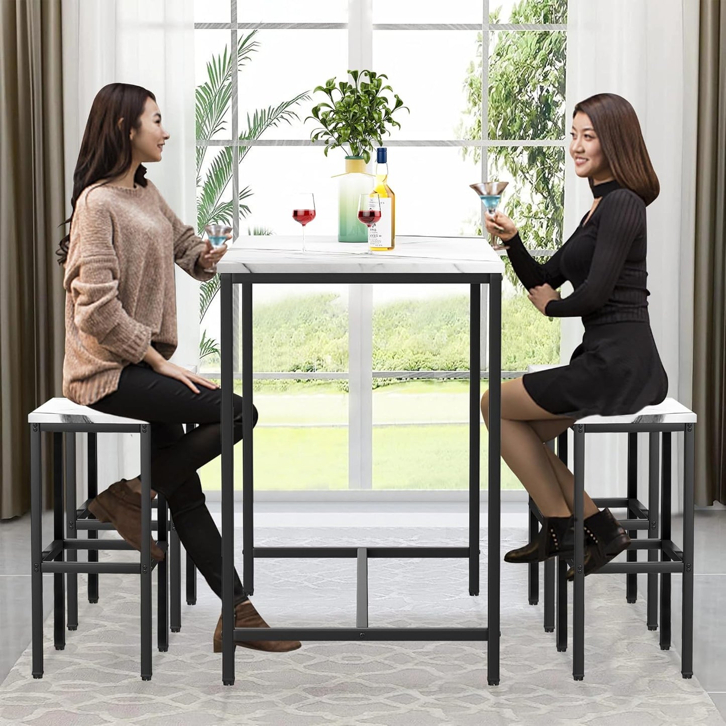 Aklaus 5 Piece Bar Table Set Kitchen Dining Table Set for 4 Modern Counter Height Bar Table with Bar Stools Set of 4 Faux Marble Top Pub Table and Stools for Dining Room Breakfast Nook Home Bar