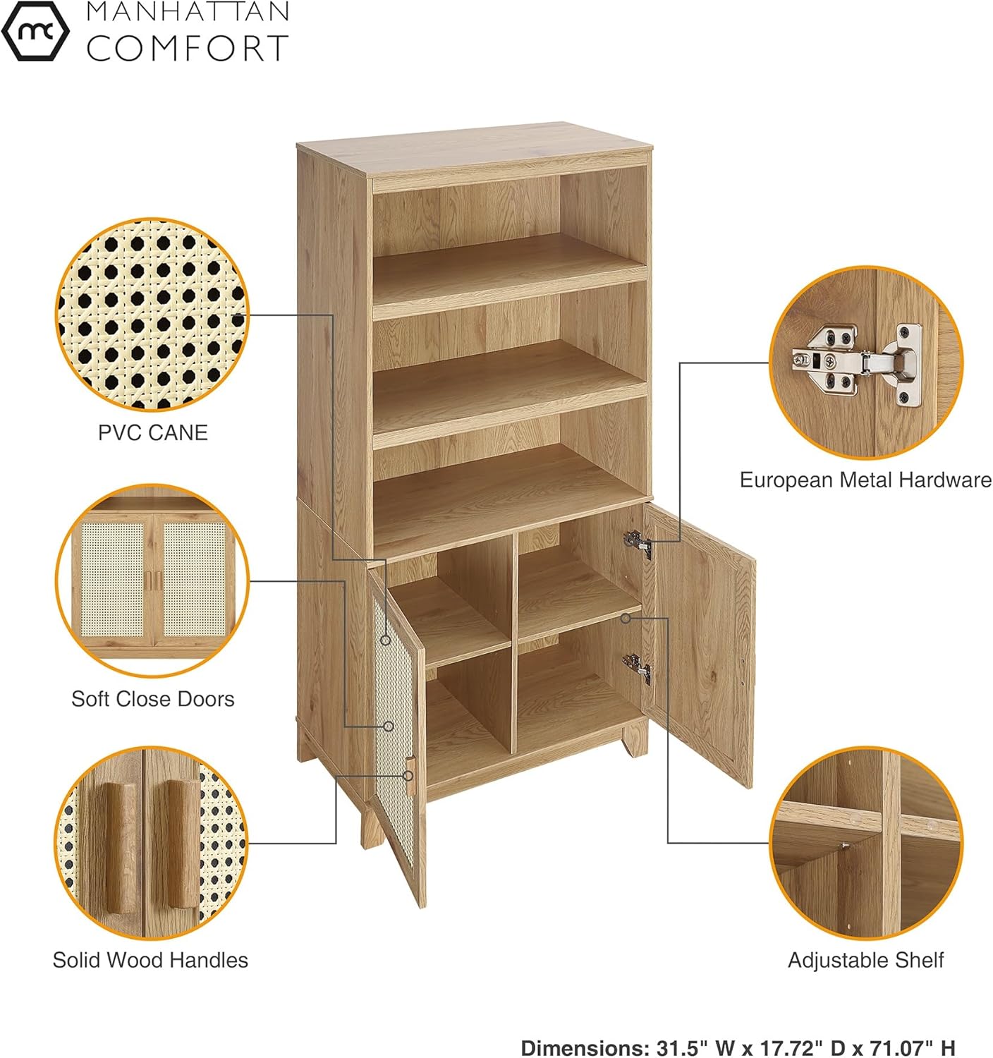 Manhattan Comfort Sheridan Modern Cane Bookcase with Adjustable Open Shelves, Soft Close Doors, and Concealed Compartments, Versatile 3 Tier Bookshelf Storage for Home and Office, Set of 1, Nature