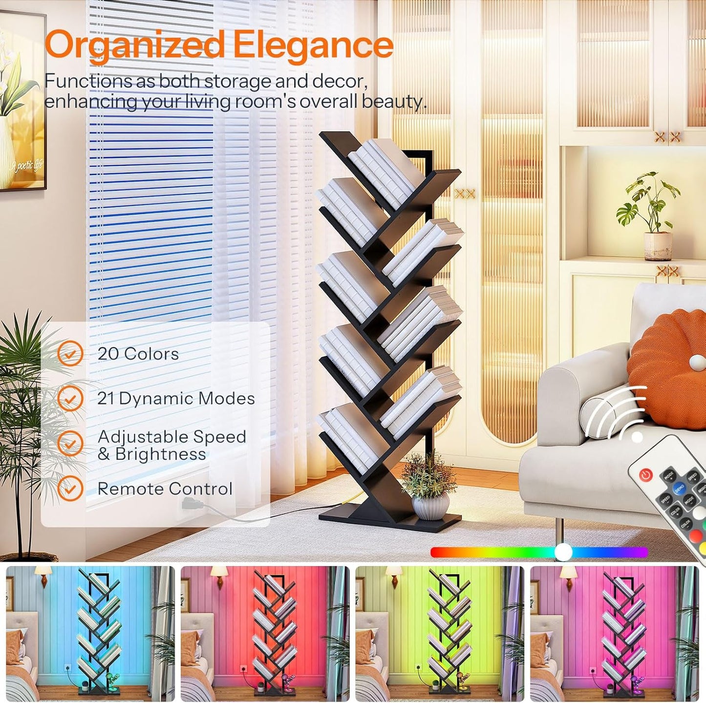 HOOBRO Tree Bookshelf, 9-Tier Tree Bookshelf with Lights, Space-Saving Book Shelf, Holds Books, CDs, Floor Standing Bookcase for Office, Living Room, Bedroom, Black BB08DSJ01