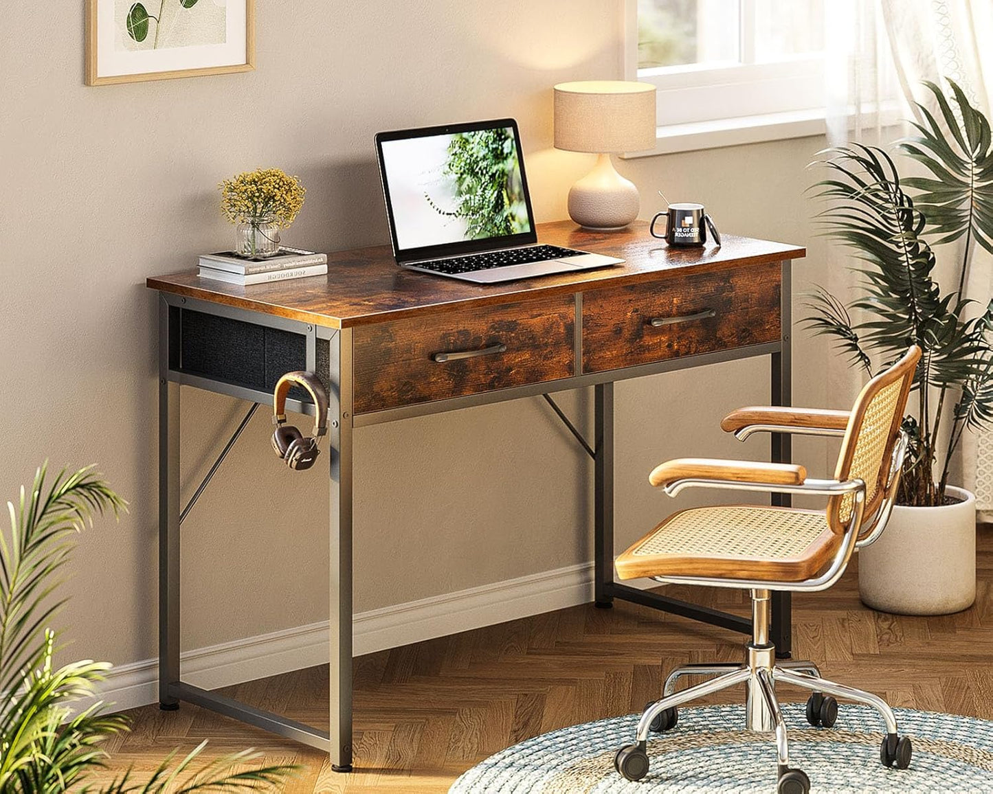 Casaottima 40 Inch Small Office Computer Desk with 2 Drawers & Headphone Hook - Compact Writing Desk for Home Office, Study or Work, Modern Space-Saving Design for Small Spaces, Pure Vintage