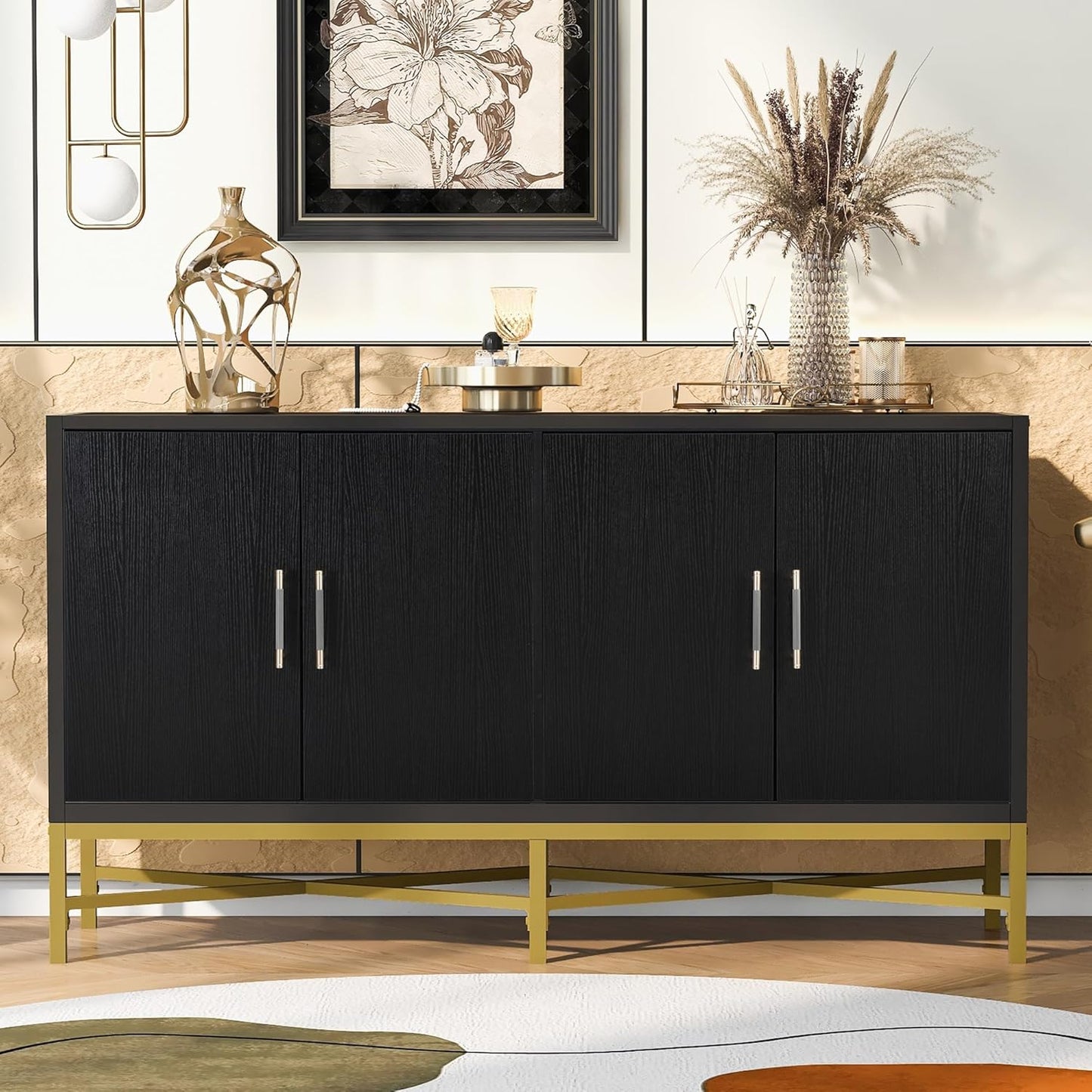 Merax Sideboard Buffet Cabinet with Storage, 4 Door Modern Cupboard w/Cross-Leg Design, Console Table for Kitchen, Dining/Living Room, Black