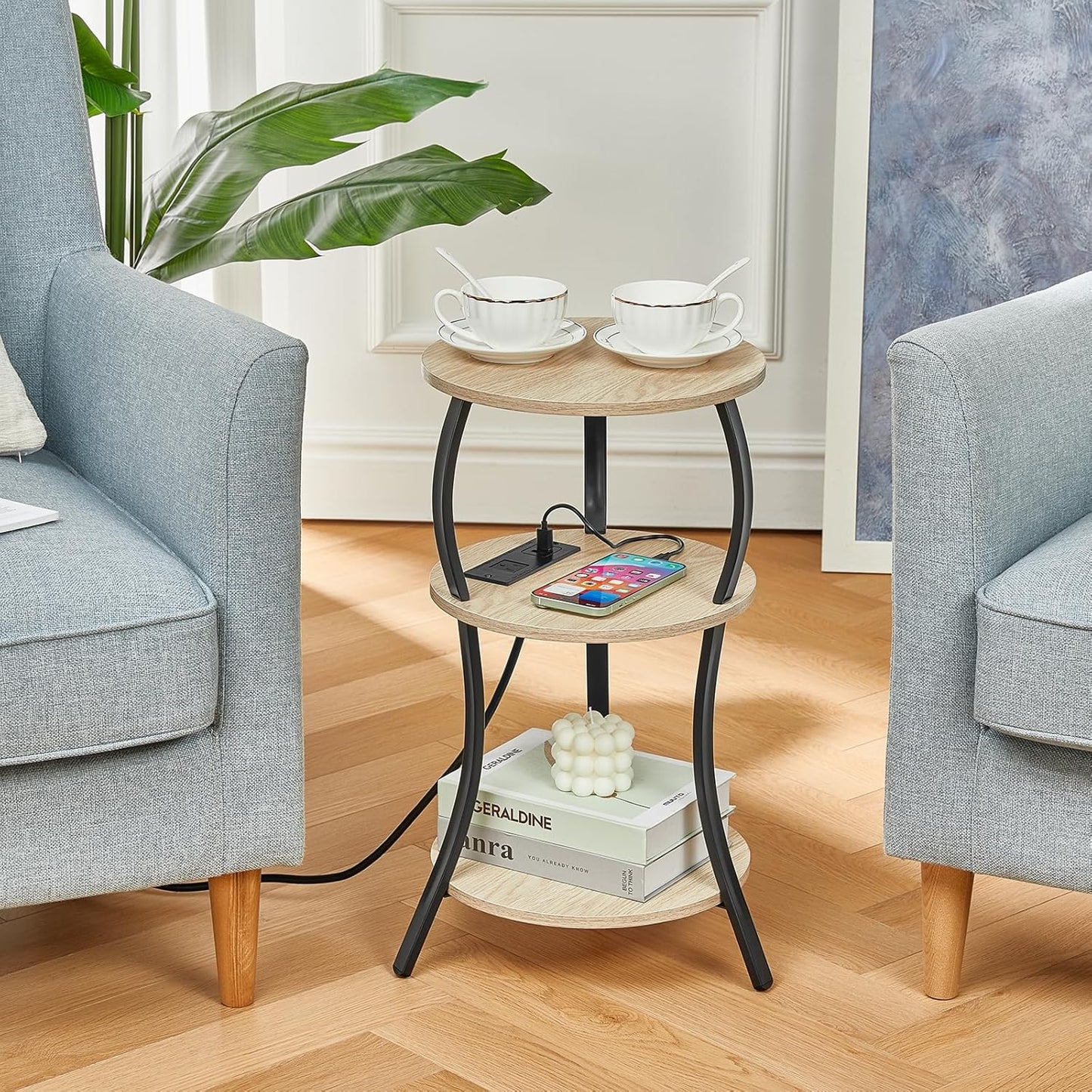 Small Round Side Table with Charging Station, 3-Tier Waist Circular End Table with Storage Shelf, Compact Tea Sofa Side Table Small Spaces, Round Corner Coffee Table for Living Room Bedroon,Oak