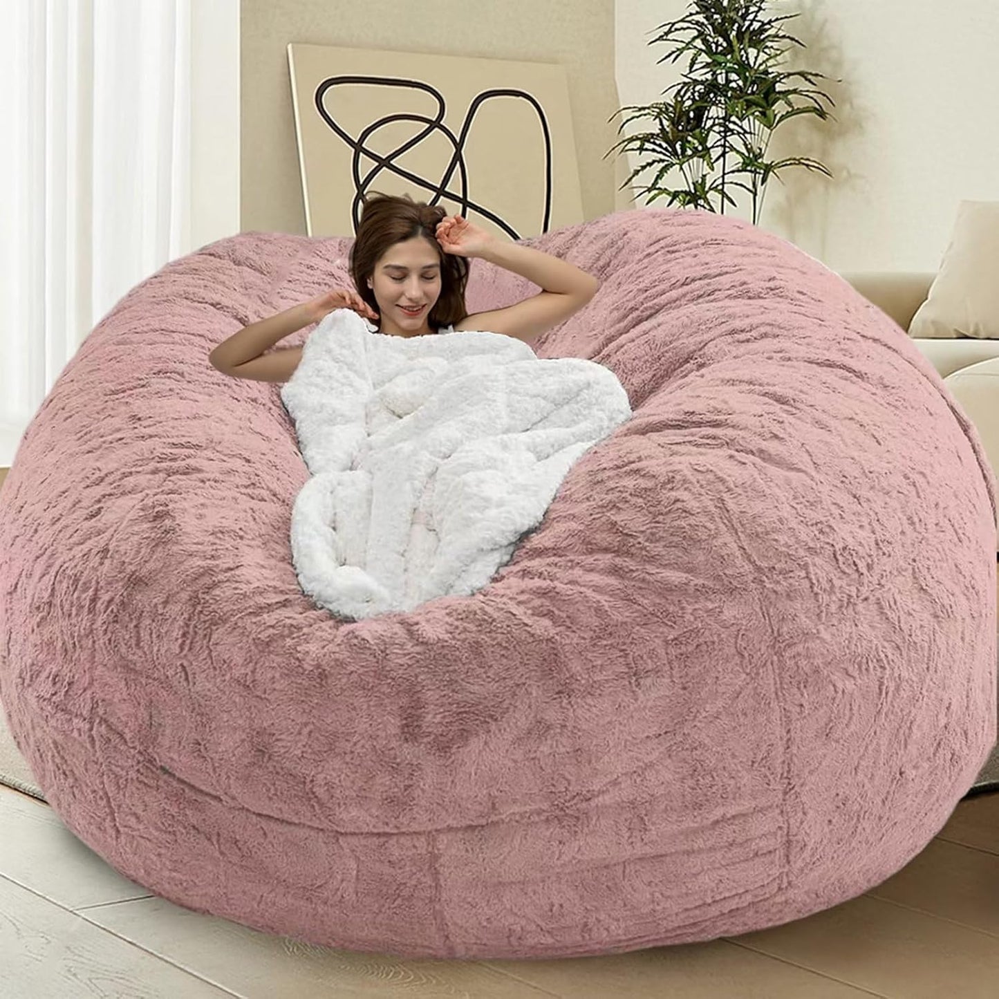 Bean Bag Chair for Adults Kids Without Filler Comfy Giant Round Lazy Sofa Chair Cover Floor Chair Cover for Bedroom Living Room, 7FT, Light Pink