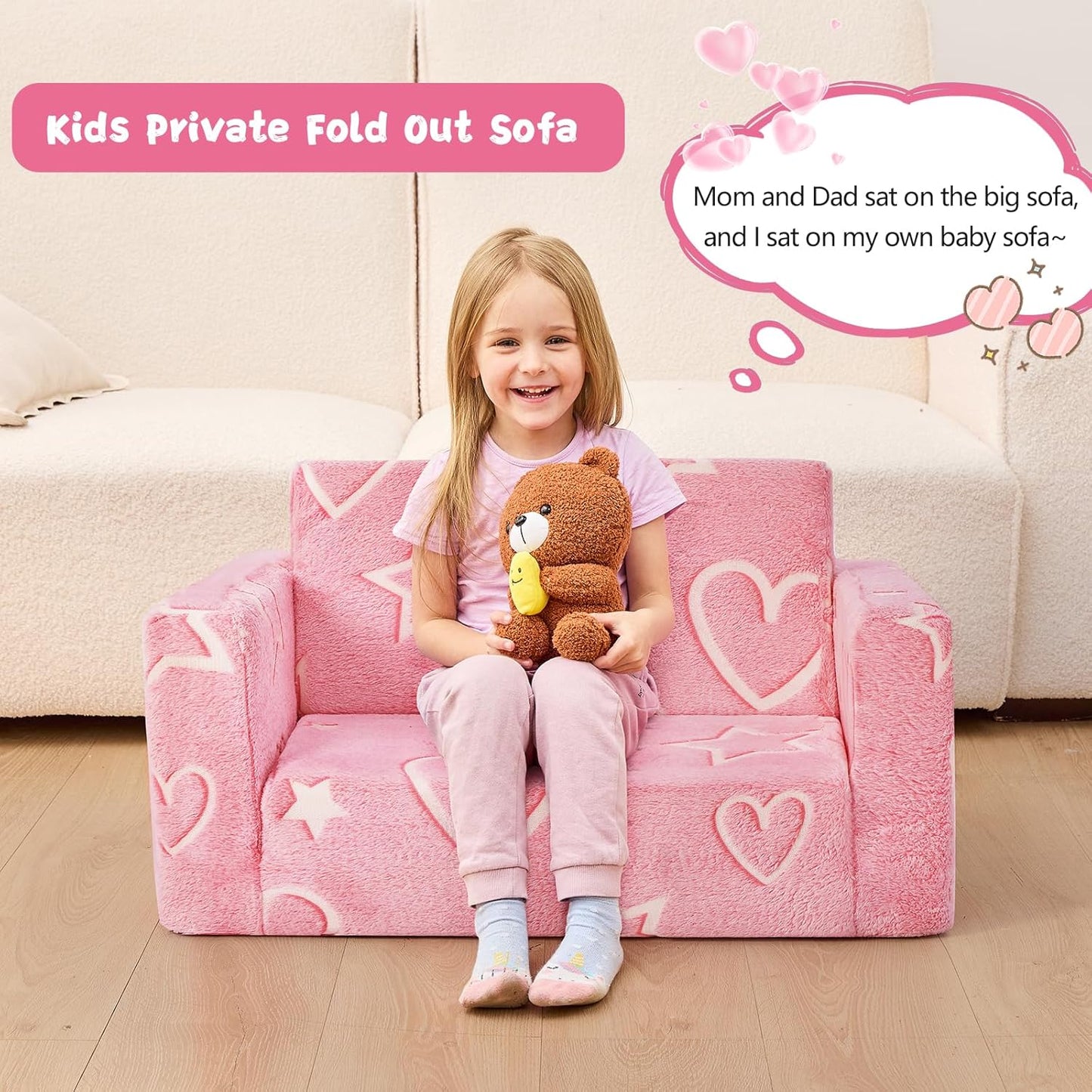 Toddler Chair Comfy,2-in-1 Soft Toddler Couch Fold Out for Kids,Convertible Sofa to Lounger,Gift for Girls and Boys Birthday,Heart,Large
