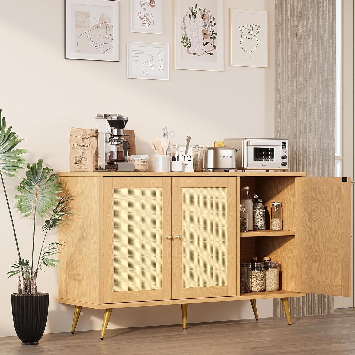 Shintenchi Large Rattan Storage Cabinet, Modern Sideboard Cabinet, Accent Large Storage Space Cabinet with Rattan Decorated Doors for Living Room, Dining Room