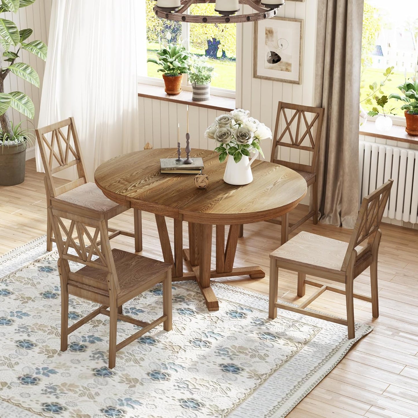 Ball & Cast Rustic 5-Piece Extendable Dining Table Set for 4,Round Trestle Table and 4 Cross Back Chairs,15.8" Removable Leaf,Wood Kitchen Sets,Intimate Gatherings or Larger Gatherings,Brown