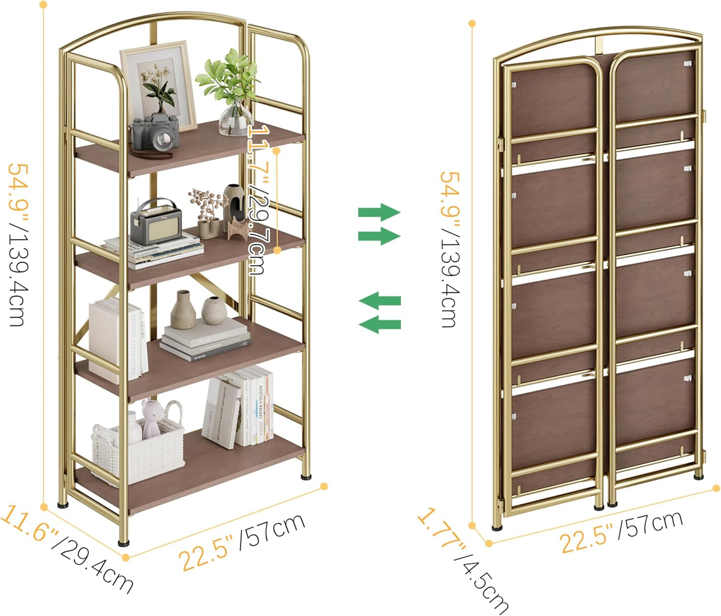No-Assembly Folding Gold Bookshelf Storage Shelves 4 Tiers Vintage Multifunctional Plant Flower Stand Storage Rack Shelves Bookcase for Home Office