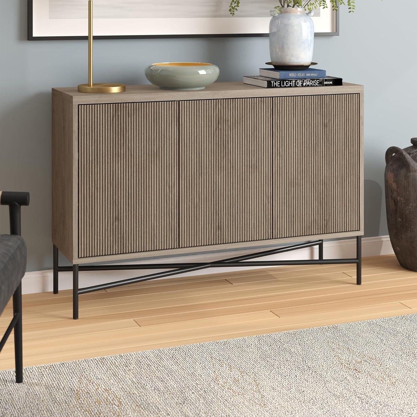 Henn&Hart 48" Wide Rectangular Buffet Table in Weathered Gray, for Home, Living Room, Bedroom, Entertainment Room, Office