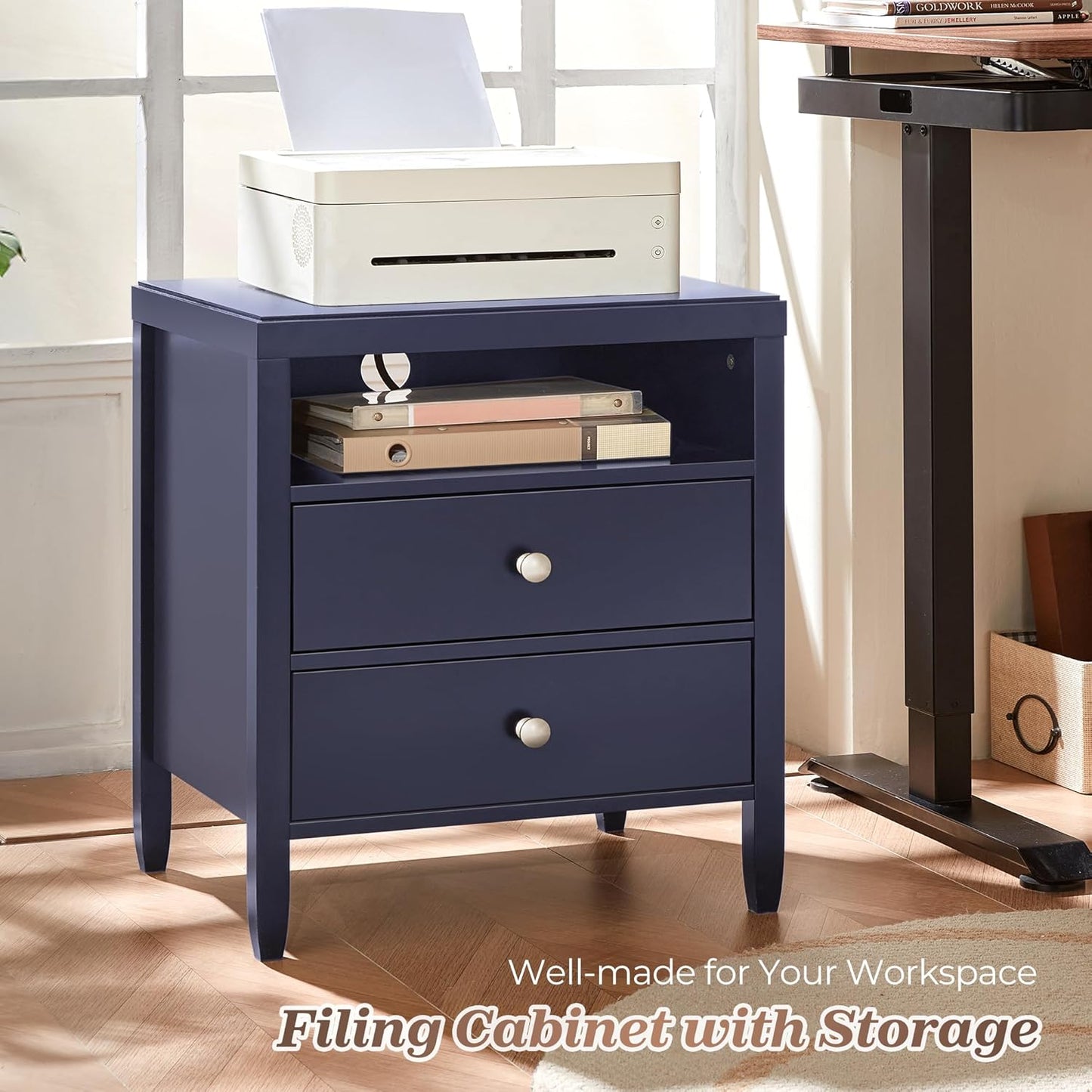 Huuger Nightstand with Charging Station, Blue Nightstand with 2 Drawers, Bed Side Table for Bedroom, Bedside Table with Storage, Modern Nightstands, Metal Knobs, Painted Surface