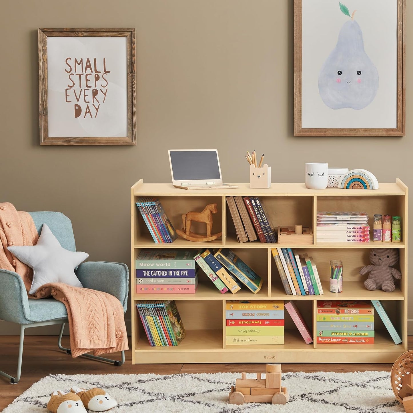 Toy Storage Organizer for Kids Room, Wooden Kids Bookshelf for Classroom, Cube Storage Organizer for Playroom, 8-Section Montessori Bookshelf & Toy Shelf for Nursery