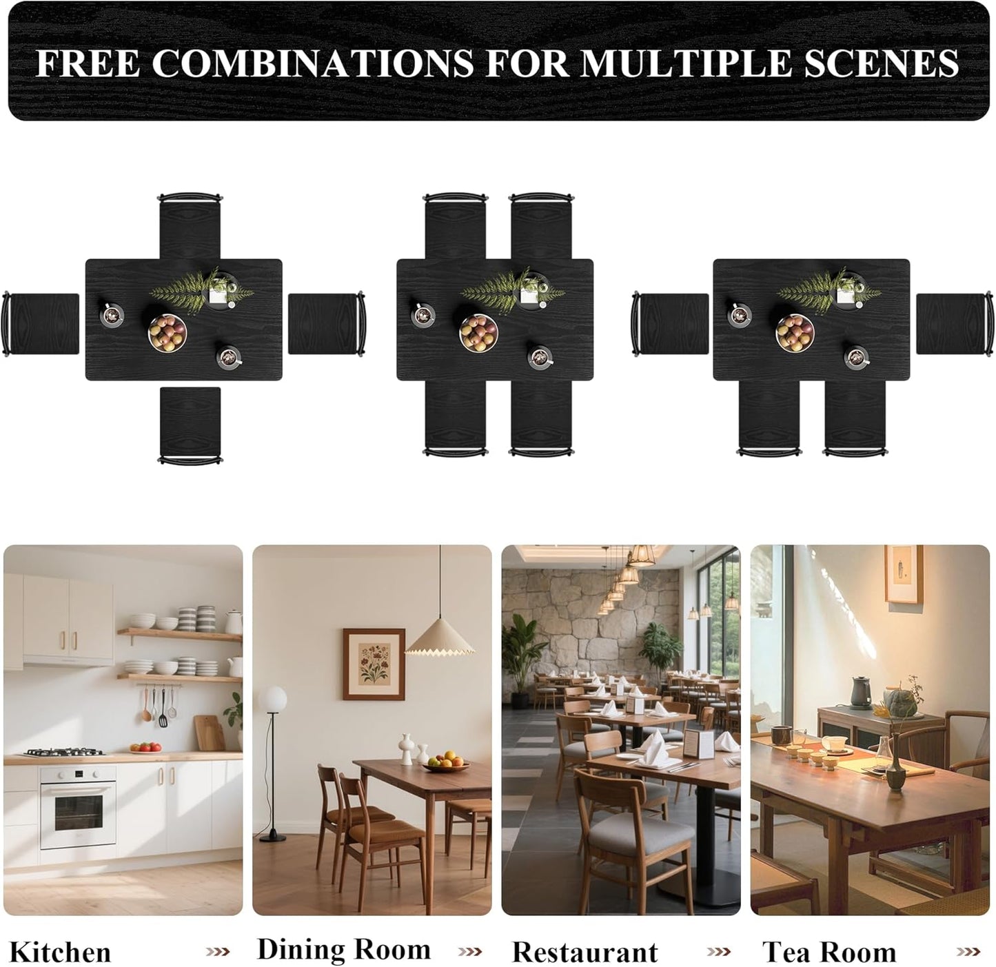 5 Piece Dining Table Set, Modern Metal&Wood Kitchen Dinner Table with 4 Chairs, Dining Room Table Sets for Small Spaces, Black