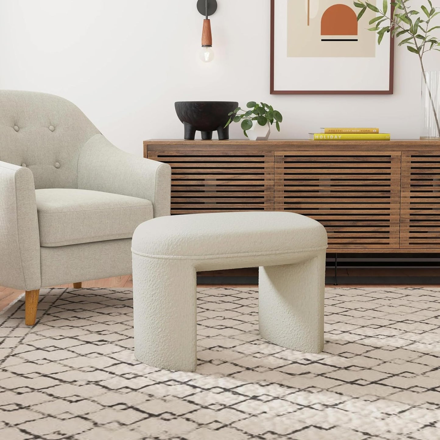 HomePop Quinn Modern Ottoman Home Décor|Ottoman for Living Room & Bedroom - Cream White Boucle