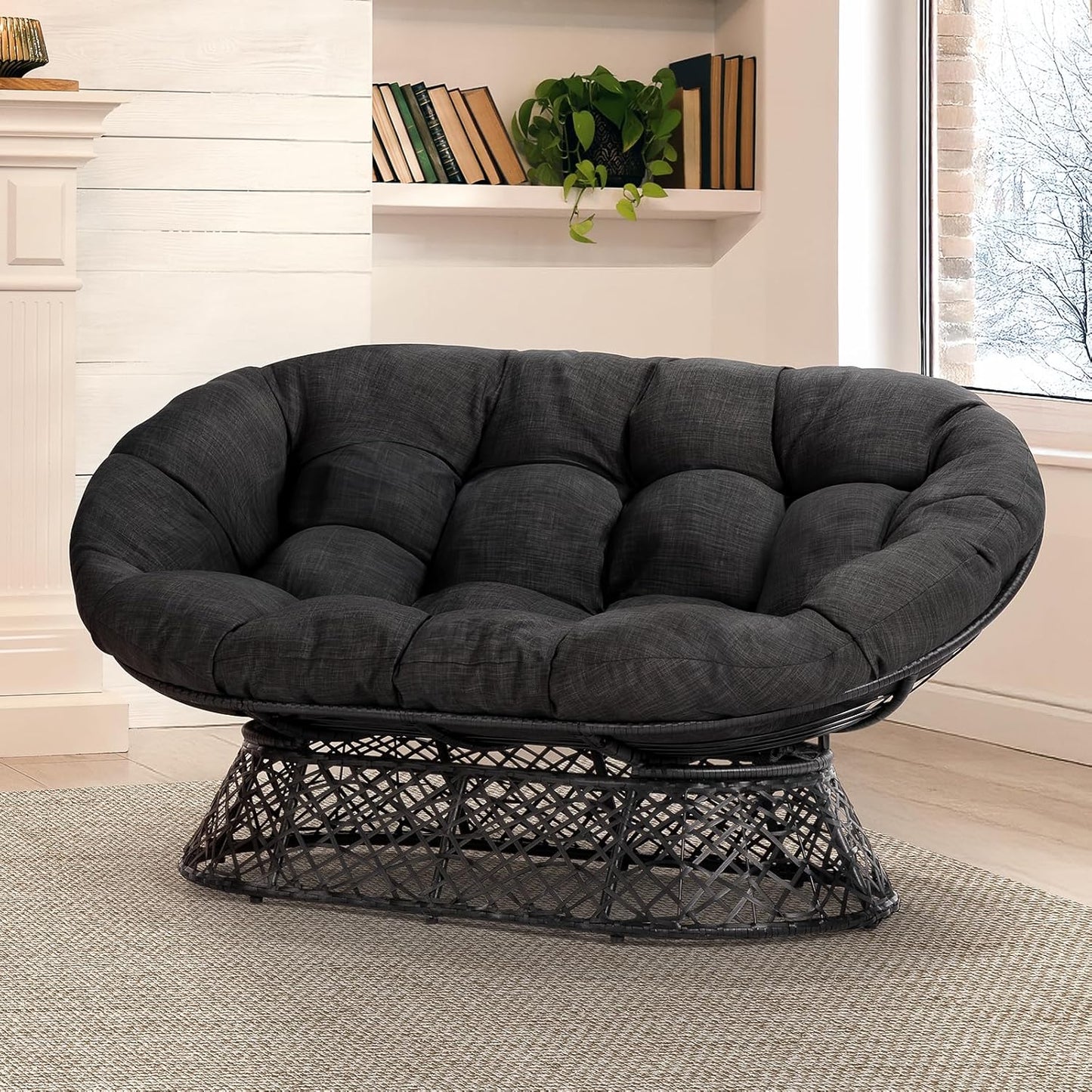 Bme Double Papasan Chair, 600lbs Capacity, Ergonomic Design, Soft Thick Fabric Cushion, Bee-Designed, Durable Steel Frame, 61", Onyx Stone-Black Base
