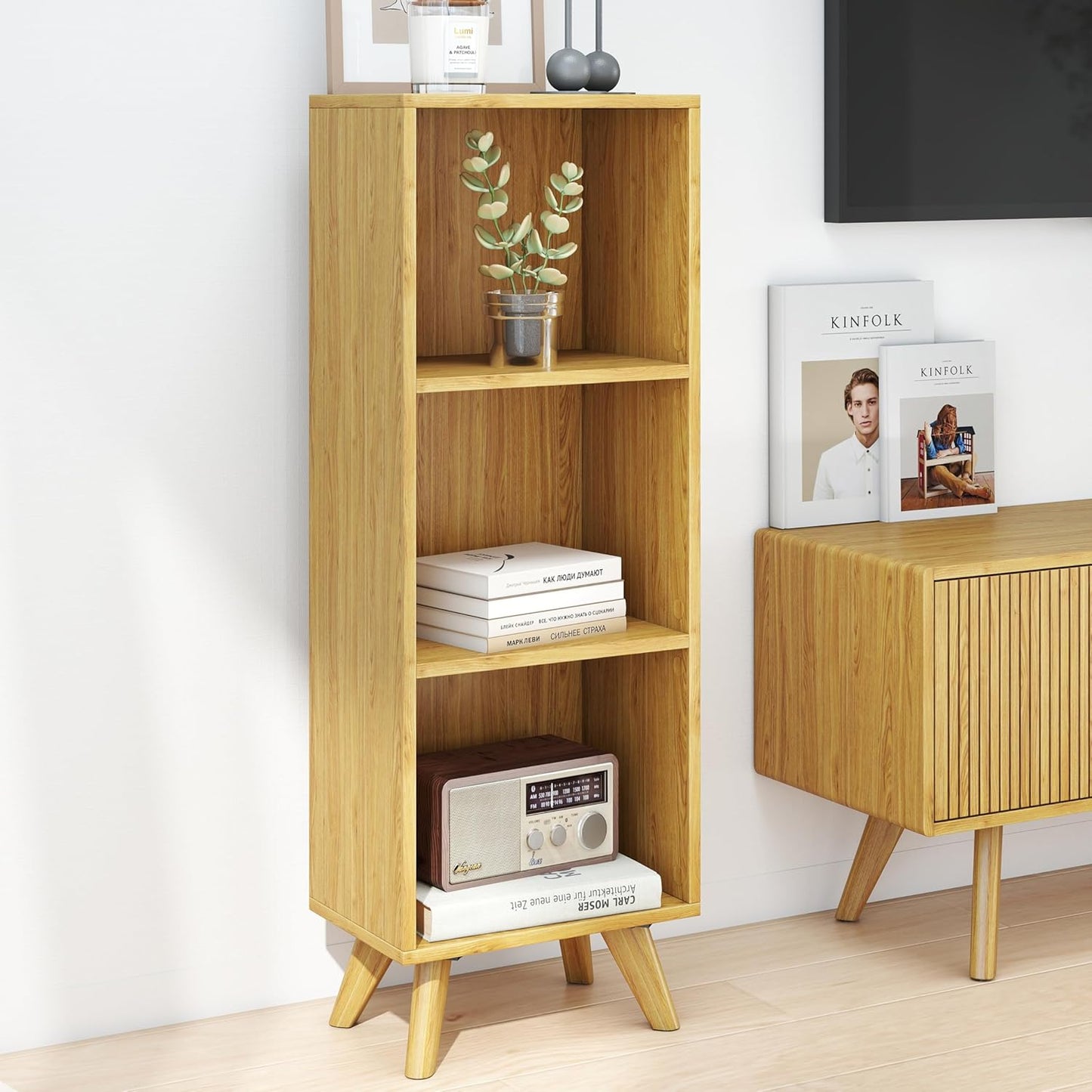Manora Small Bookcase with 3 Open Shelves, Modern Bookshelf with Wooden Legs, Narrow Storage Organizer for Living Room, Bedroom, Office, Oak