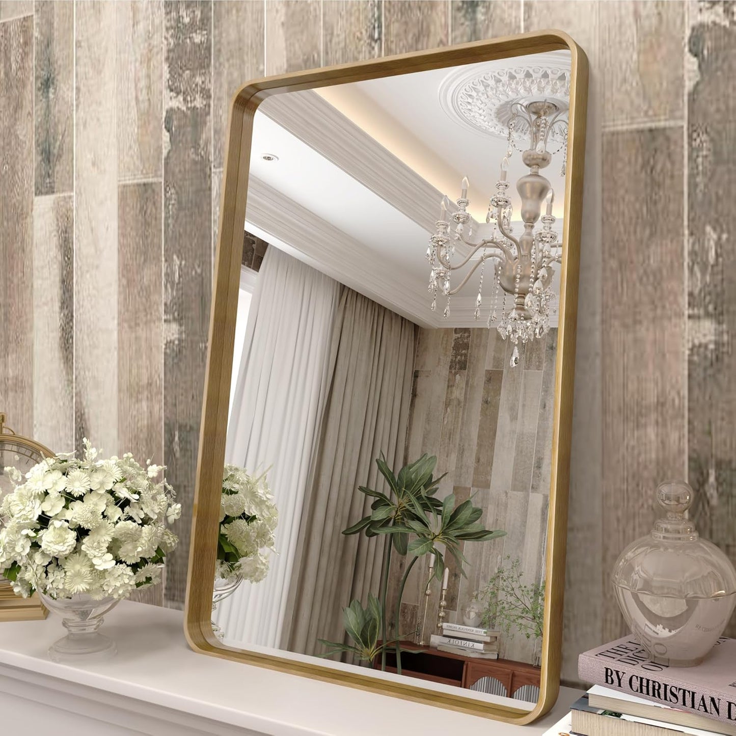 16x24 Gold Bathroom Mirror, Rounded Rectangle Gold Framed Mirror, Brushed Gold Brass Bathroom Vanity Mirror, Anti-Rust, Hangs Horizontally or Vertically