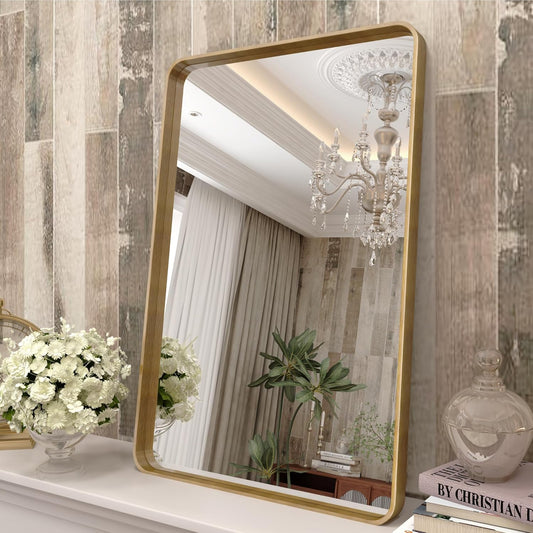 16x24 Gold Bathroom Mirror, Rounded Rectangle Gold Framed Mirror, Brushed Gold Brass Bathroom Vanity Mirror, Anti-Rust, Hangs Horizontally or Vertically
