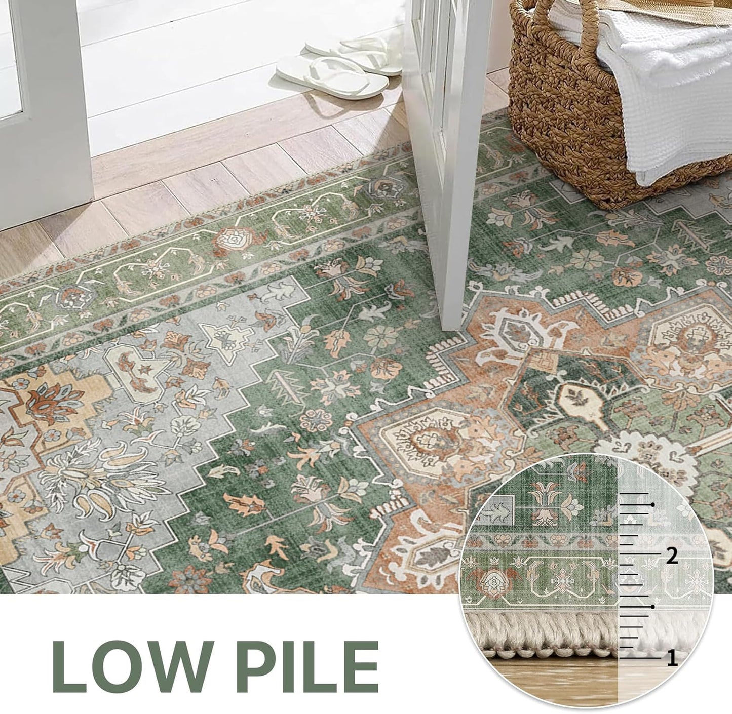 GENIMO 5x7 Area Rugs for Living Room, Machine Washable Non Slip Vintage Rugs, Low Pile Lightweight Chenille Print Rug for Bedroom, Dining Room, Home Office,Sage Green