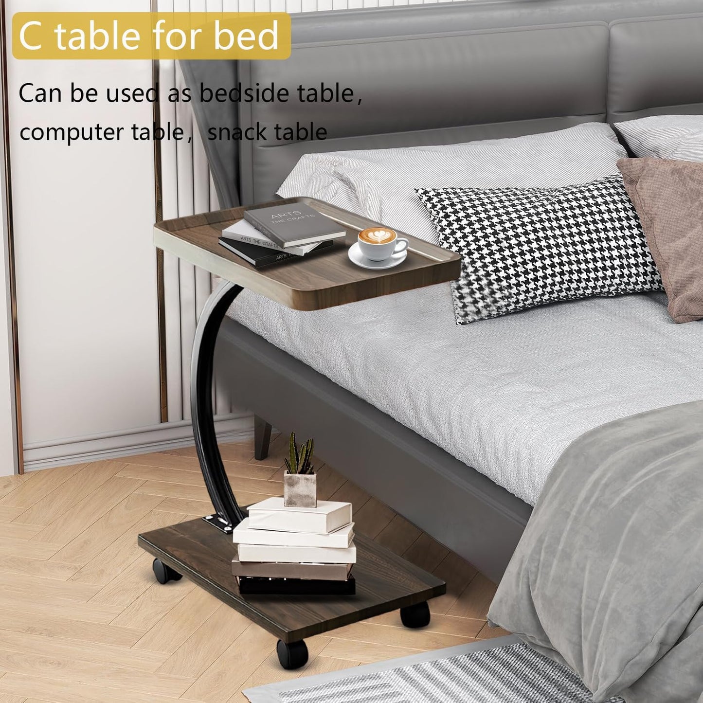 C Table End Table,360°Swivel TV Tray Table for Small Spaces, Couch Tables That Slide Under, C Shaped Side Tables with Wheels for Living Room and Bedroom, Bed,Chair, Snack Table