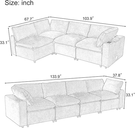 133.9 Inch Modular Convertible Sectional Sofa with Storage, USB Ports, Wireless Charging & Built-in Speaker in Arm, L-Shaped Upholstered Sleeper Couch for Living Room Office, Gray