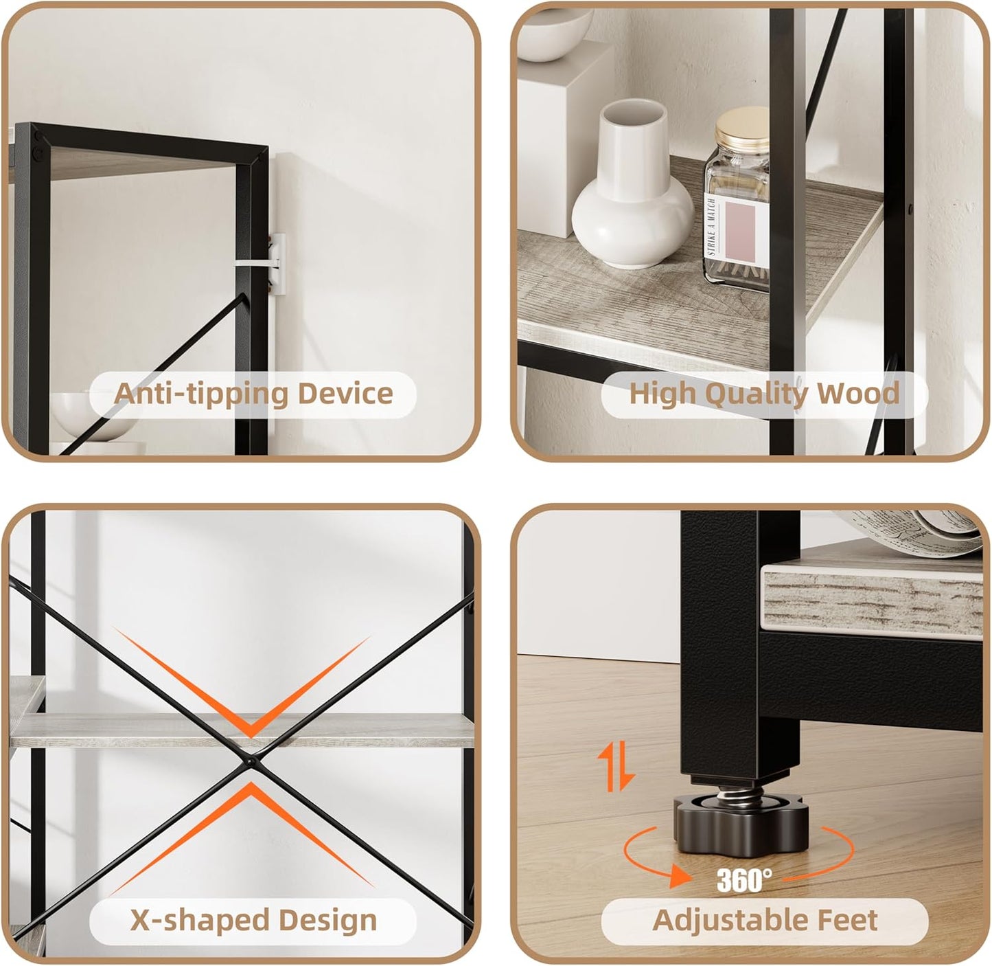 Shintenchi 5 Tier Corner Bookshelf,L Shaped Bookcase,Large Etagere Bookcase,Corner Shelf Display Storage Rack with Metal Frame for Living Room Bedroom Office,Grey