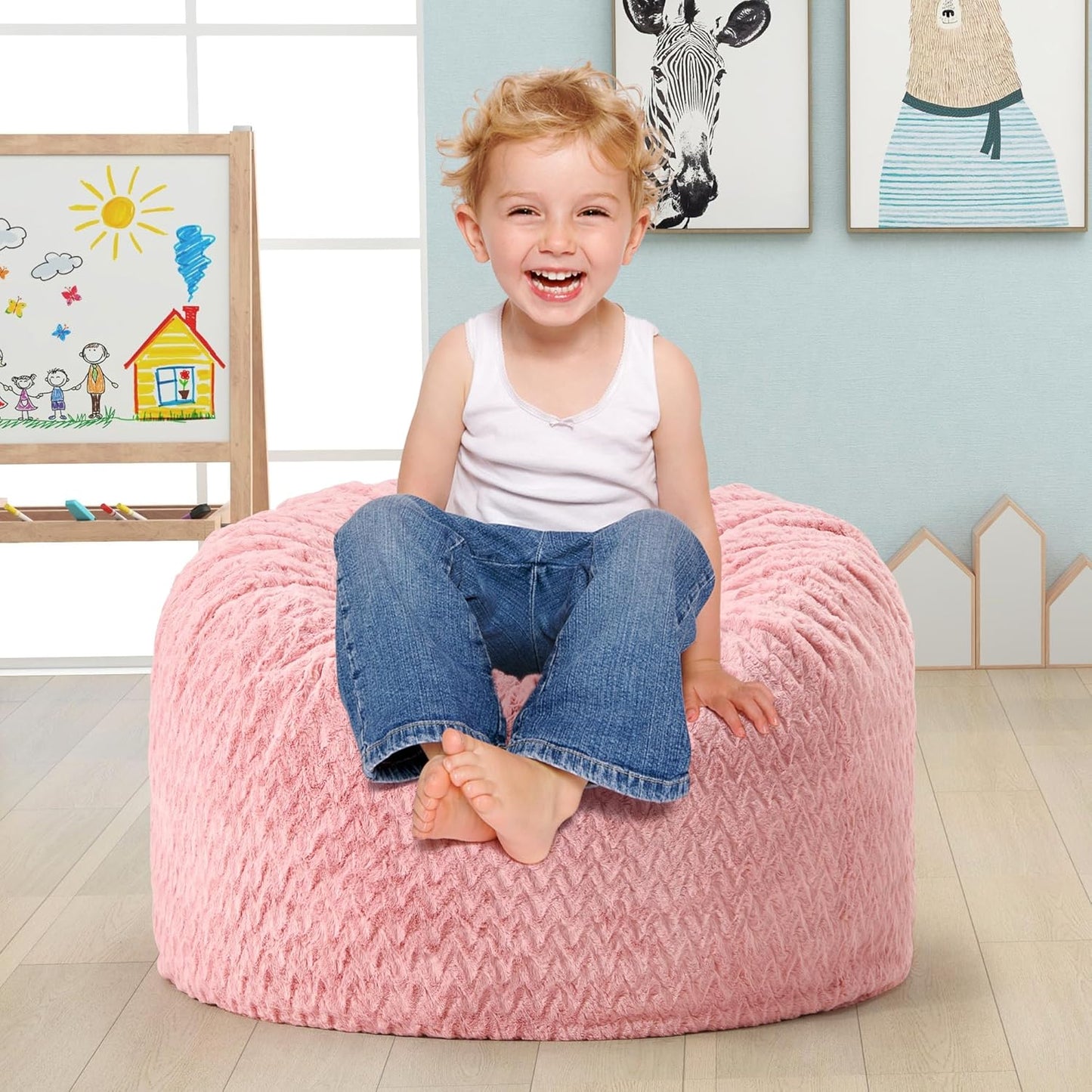 Hobestluk Bean Bag Chairs 2.5FT Bean Bag Chair with Memory Foam Filled & Chevron Plush Fur Cover Small Bean Bag Chairs for Playroom, Living Room, Bedroom (Pink)