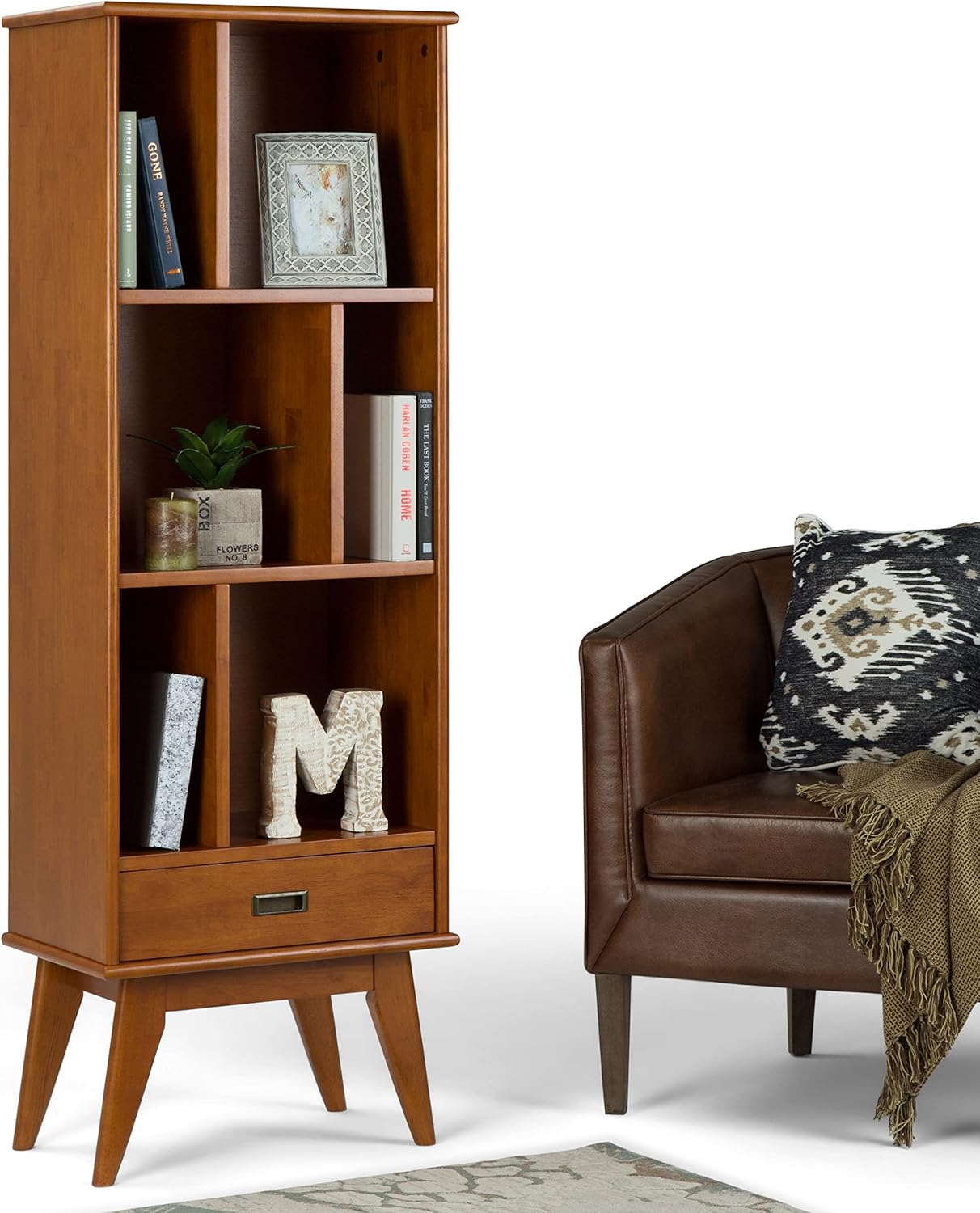 SIMPLIHOME Draper Bookcase - 64 inch Tall Solid Hardwood Storage Bookshelf in Teak Brown, Mid-Century Modern Storage for Living Room, Study Room or Office with Adjustable Shelves and Angled Legs