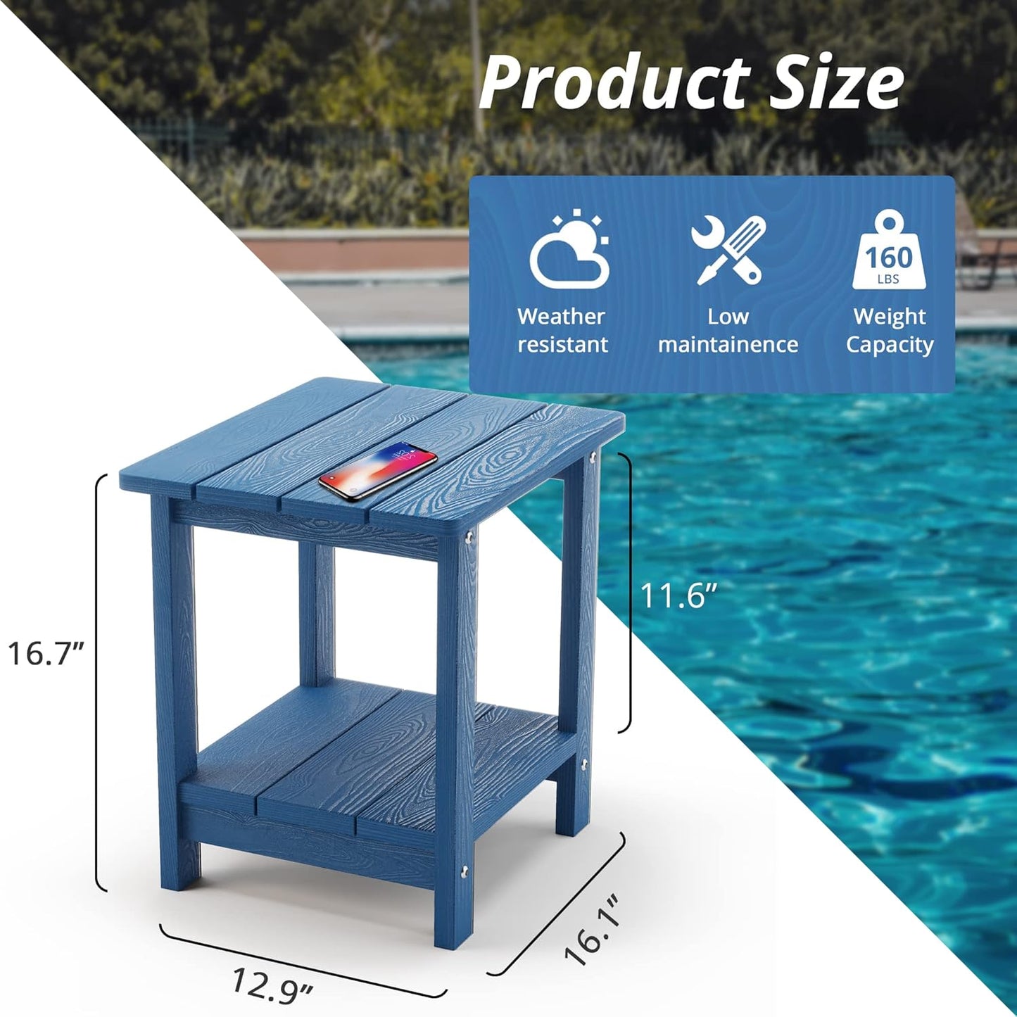 LUE BONA Adirondack Outdoor Side Table, 2-Tier Navy Blue HDPS Patio End Table Weather Resistant, Morden Side Table for Patio, Pool, Porch