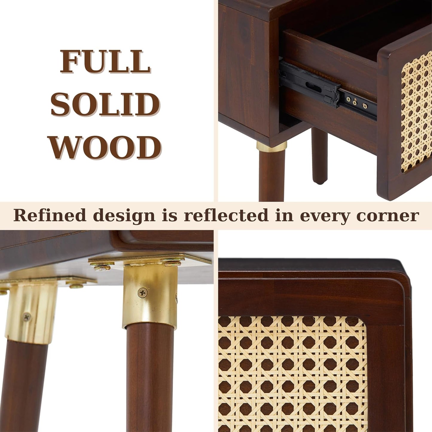 Bme Nipe Solid Wood and Rattan Nightstand, Fully Assembled, Woven Cane End Table, Bedside Table for Modern Bedroom, Boho Living Room with Tall Wood Legs Large Storage 1-Drawer, Walnut