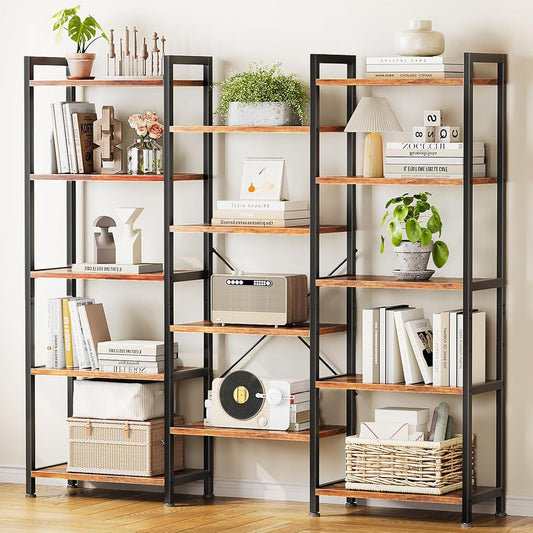 Casaottima Triple 5 Tier Bookshelf, Large Bookcase with 14 Open Display Shelves, Modern Industrial Book Shelves Book Case for Bedroom, Wide Standing Shelving Unit for Living Room Home Office, Vintage