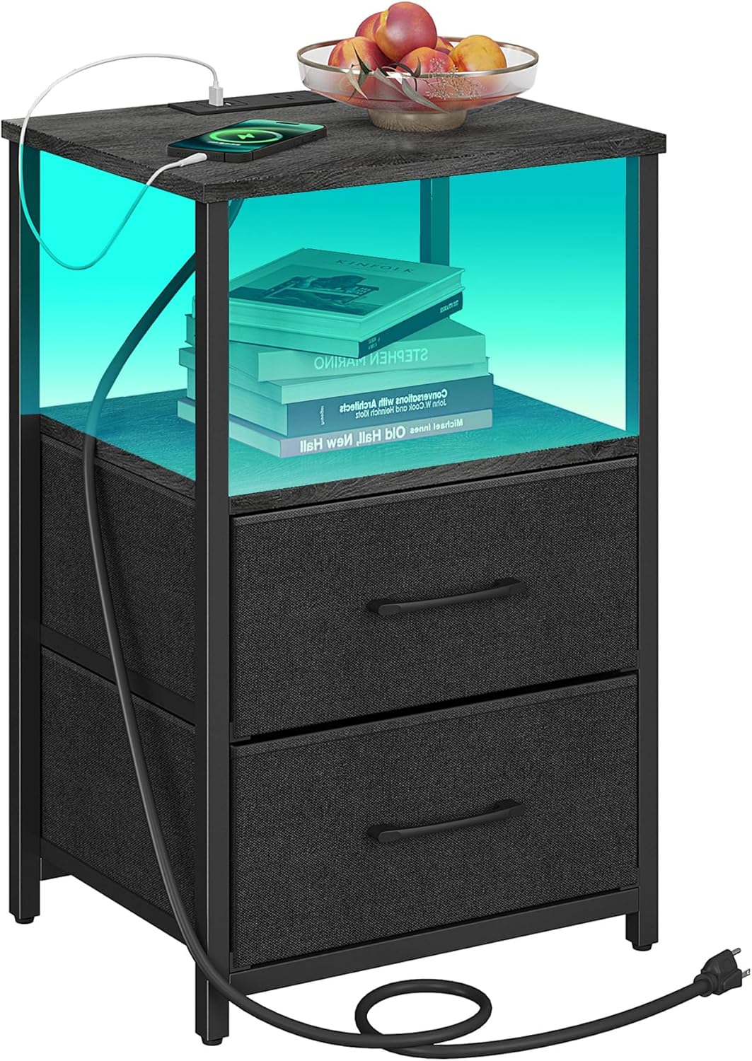 TUTOTAK LED End Table with Charging Station, Night Stand, Side Table with 2 USB Ports and Outlets, Nightstand with Cloth Drawer, Bedside Table for Livingroom, Bedroom Charcoal Grey TB01BY088L