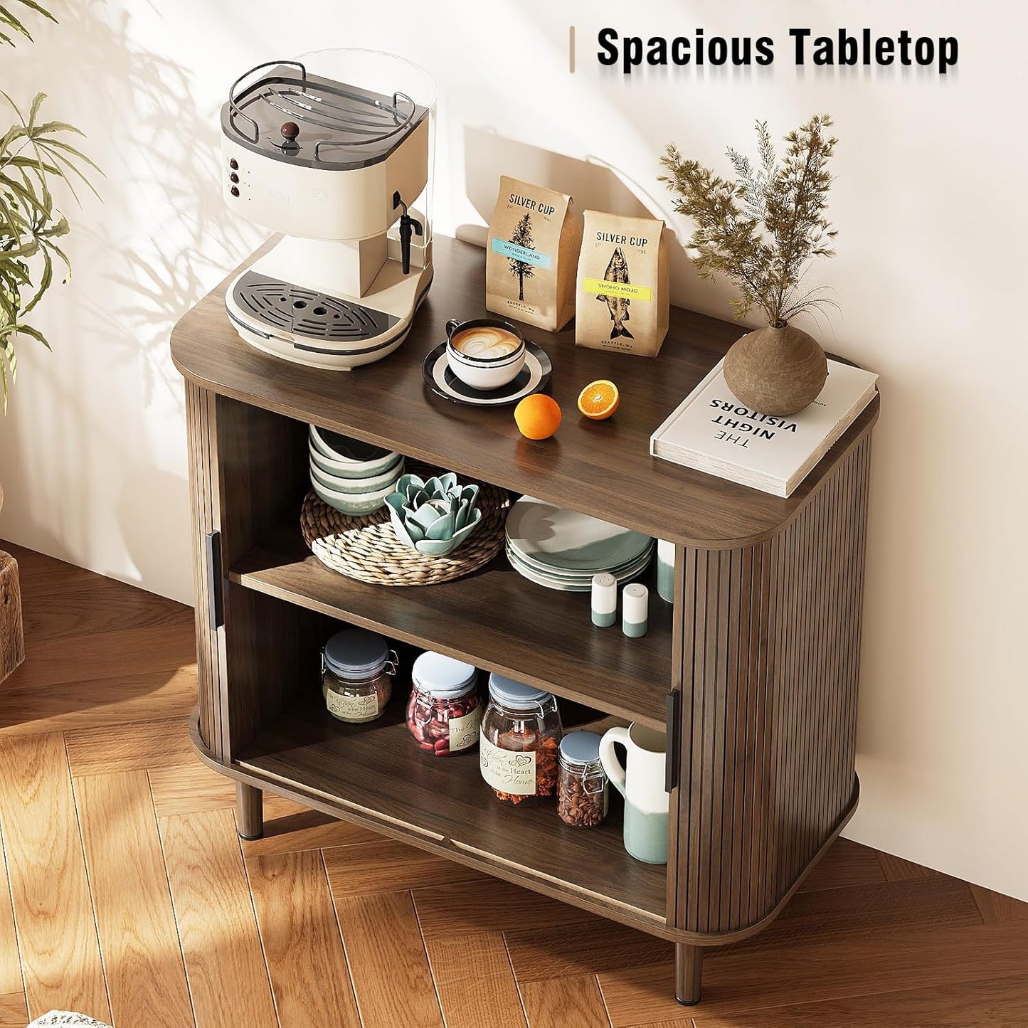 31.5" Sideboard Buffet Cabinet with Storage, Modern Walnut Accent Cabinet with Sliding Doors & Adjustable Feet, Small Credenza for Kitchen, Entryway, Living Room (Walnut, 15.8"D x 31.5"W x 29.5"H)