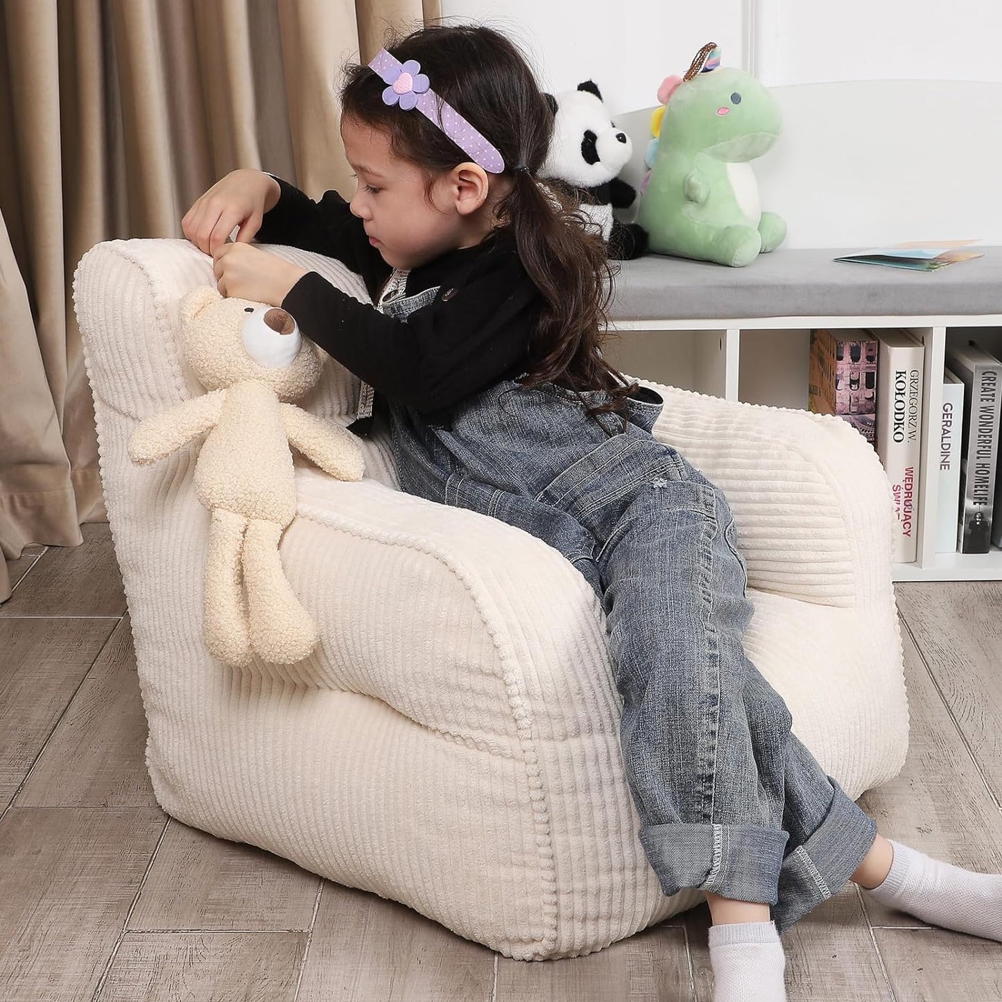 Kids Bean Bag Chair with a Plush Bear, Comfy Toddler Chair for Boys and Girls, Beige