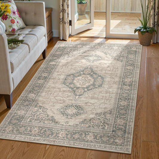Lahome Oriental Washable Area Rug, 3x5 Soft Rugs for Bedroom Living Room, Ultra-Thin Vintage Non-Slip Throw Carpet for Kitchen Office Entryway, Grey/Brown