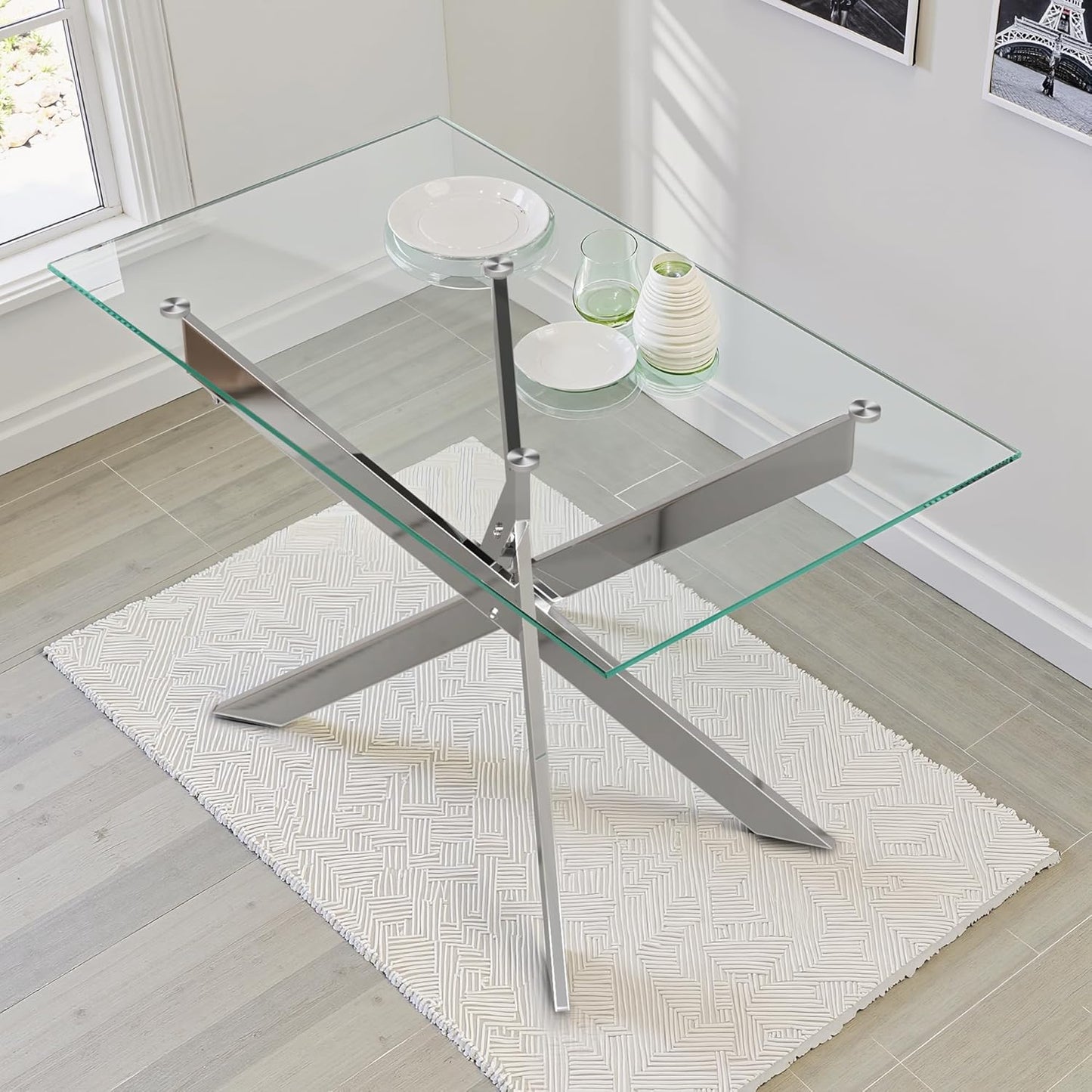 Dining Table for 4 Modern 47.2" Rectangular Glass Dining Table Kitchen & Dining Room Tables with Metal Base for Dining Room and Apartment, Silver