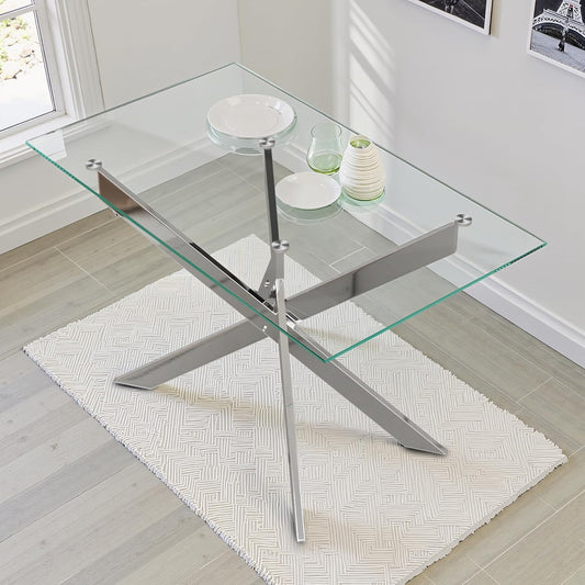 Dining Table for 4 Modern 47.2" Rectangular Glass Dining Table Kitchen & Dining Room Tables with Metal Base for Dining Room and Apartment, Silver