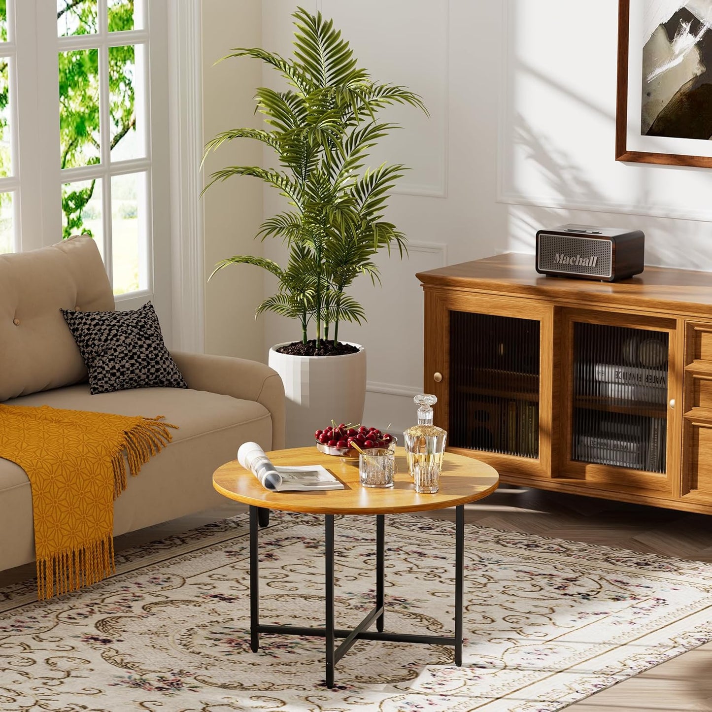 Round Coffee Table, Small Coffee Tables for Living Room, Wood Coffee Table with Metal Frame, Floor Table Desk for Sitting on The Floor, Home, Office, Farmhouse, Honey Brown (23.6"D x 17.7"H)