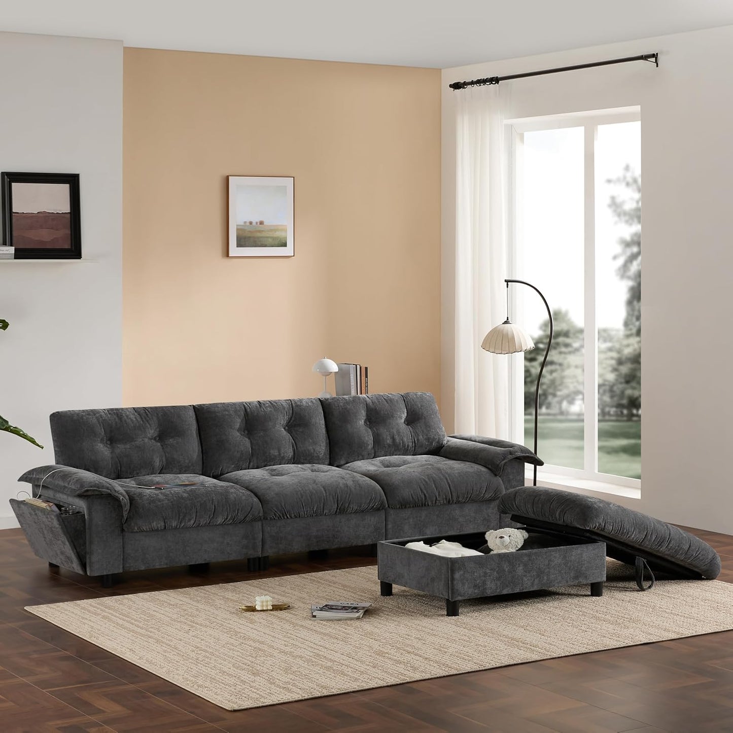 Mreax L-Shape Sectional Sofa with Movable Storage Ottoman and Multifunctional Armrest, 4 Seater Oversized Chenille Upholstered Cloud Couch for Living Room, Apartment, Unique Tufted Design, Dark Gray