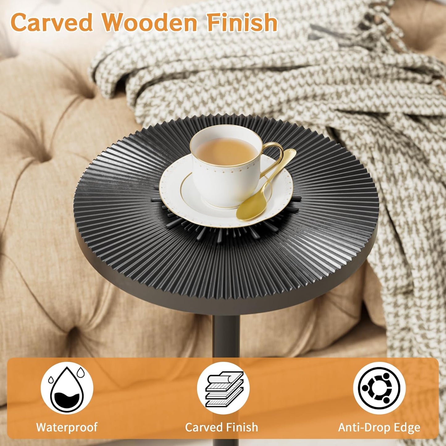 Carved Drink Table, Round Small Side Table for Small Spaces, Modern Accent Tables, End Tables with Carved Top & Base for Living Room, Bedroom, Corners, and Office (Black, 11.81 inch)