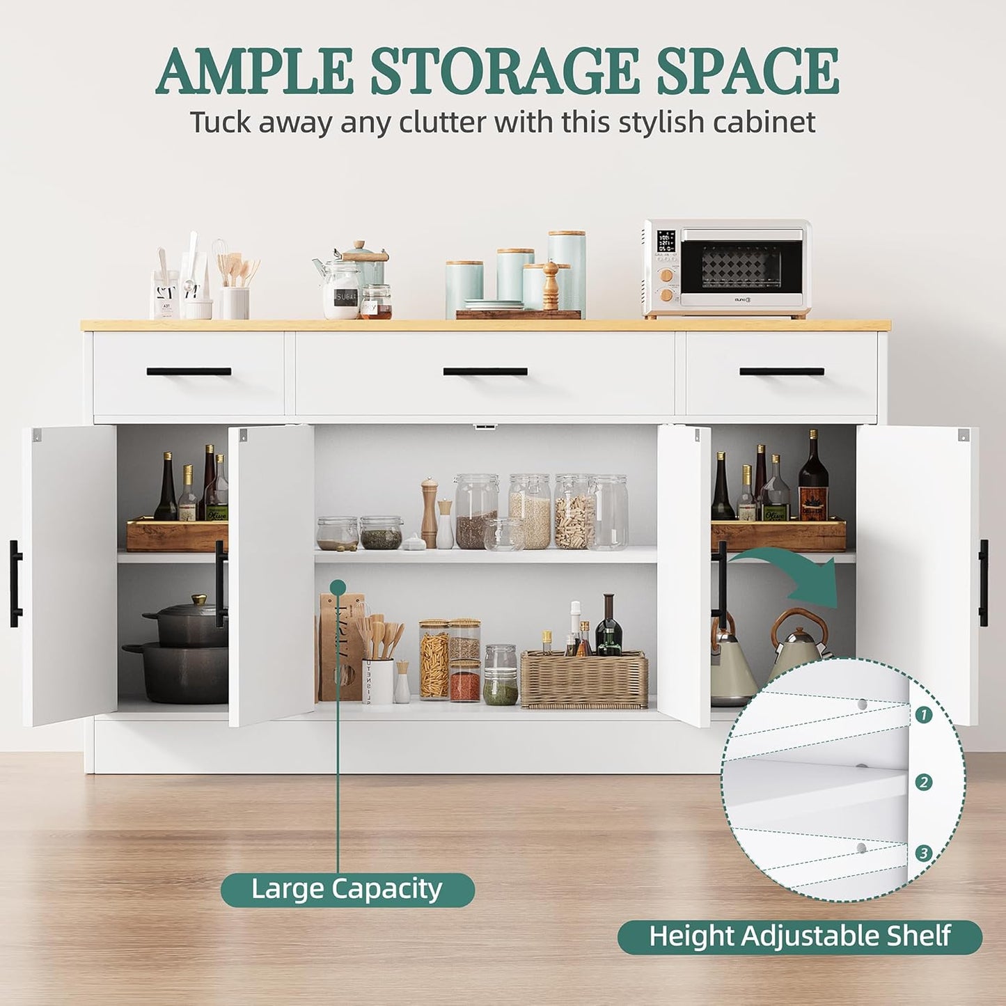 Shintenchi Sideboard Buffet Cabinet with Storage,53.4" Large Kitchen Buffet Storage Cabinet with 3 Drawers and 4 Doors,Wood Farmhouse Sideboard with Adjustable Shelf for Kitchen, Living Room,White