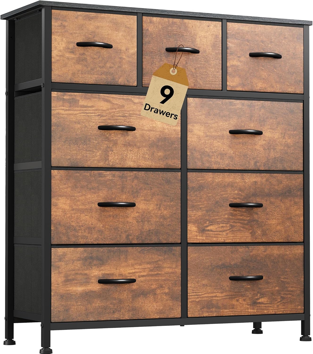 DWVO Dresser with 9 Drawers - Fabric Storage Tower, Organizer Unit for Living Room, Hallway - Sturdy Steel Frame, Wooden Top & Easy Pull Fabric Bins