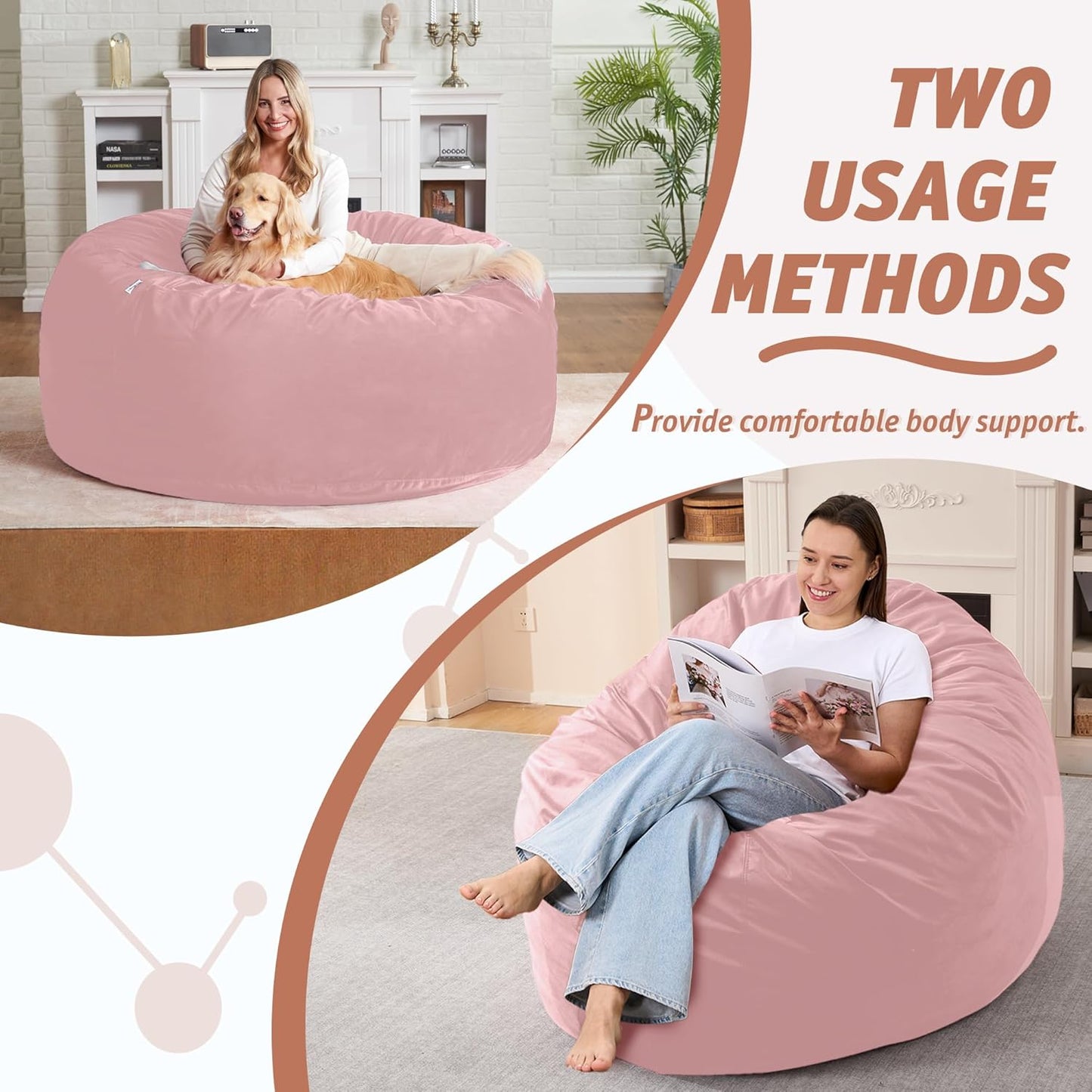 4FT Bean Bag Chair with Ultra Soft Velvet Cover Bean Bag Sofa with Memory Foam Bean Bag Chairs with Large Size Lazy Sofa for Dorm Office Living Room Bedroom Light Pink 4'