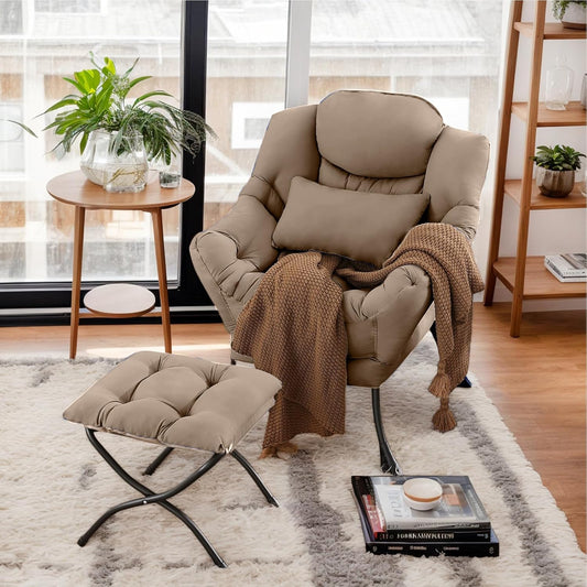 Lazy Chair with Ottoman, Modern Lounge Armchair with Lumbar Pillow, Accent Cozy Reading Chair and Folding Footstool for Bedroom, Dorm, Living Room,Khaki