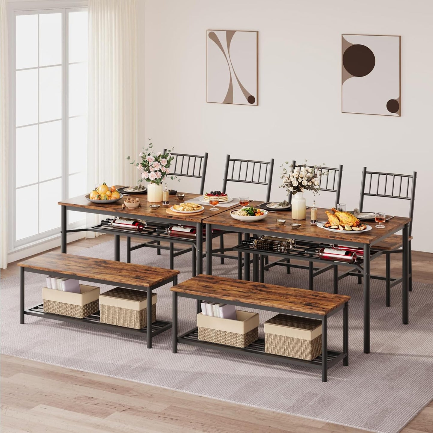Dining Table Set for 4, Kitchen Table for 4 with Bench and 2 Chairs, 4-Piece Dining Table Set for Apartment, Small Space, Brown