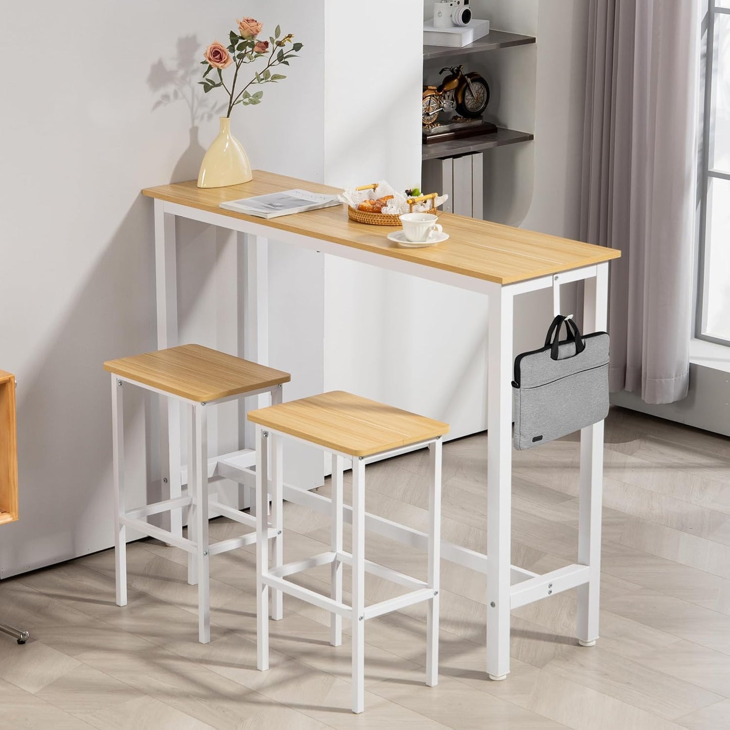 Finnhomy 52.7" Industrial Bar Table Set with 2 Stools - Counter Height Dining & Pub Table for Small Spaces, Kitchen, Apartment, Breakfast - Metal & Wood, Space-Saving Furniture - Oak Beige and White