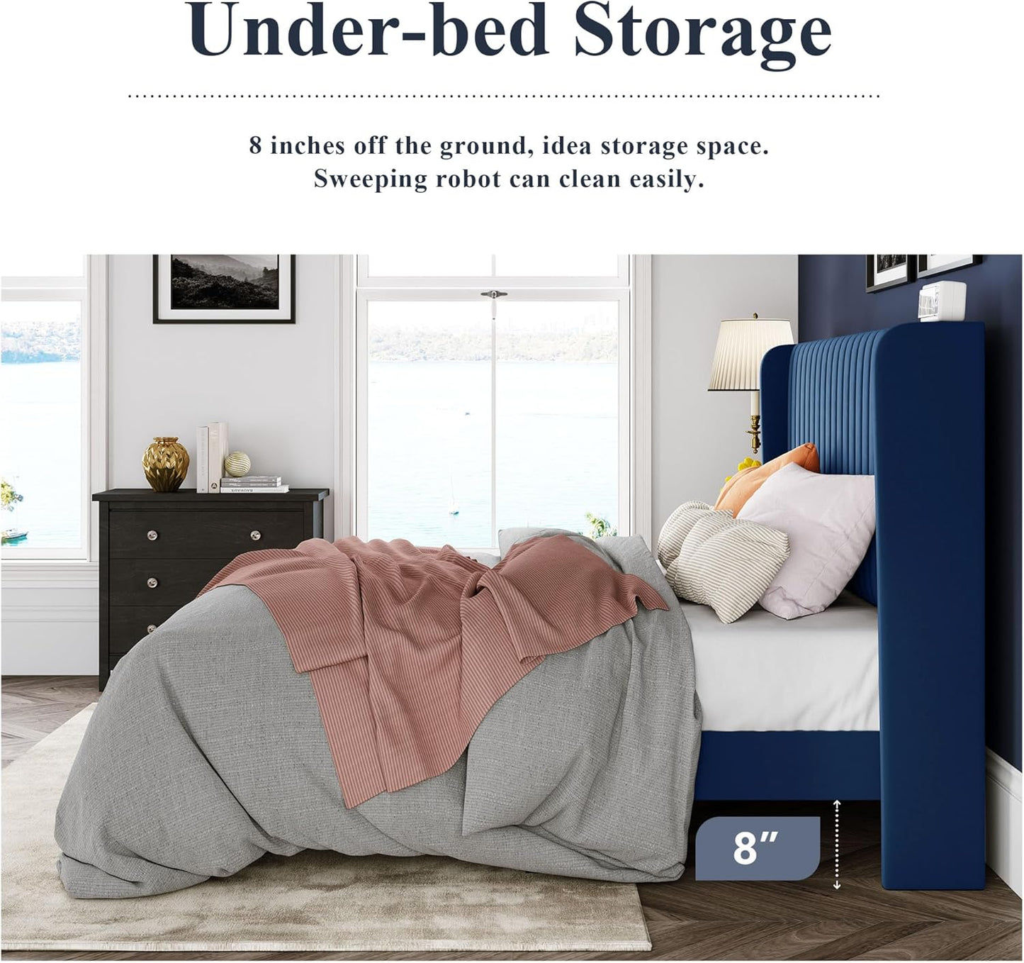 Allewie King Size Velvet Bed Frame/Vertical Channel Tufted Wingback Headboard/Upholstered Platform Bed/Strong Wooden Slats/No Box Spring Needed/Easy Assembly/Blue