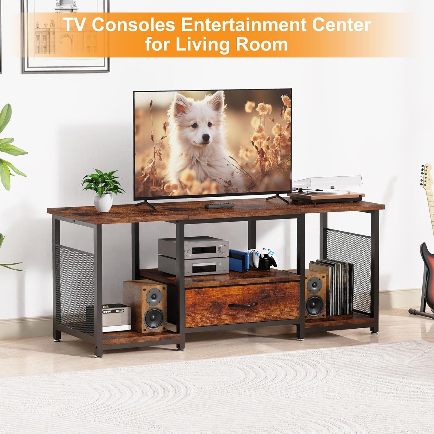 TV Stand with Drawers and Open Storage Shelves for 65 60 55 Inch TV, Entertainment Center with Open Storage Shelves, Industrial Media TV Console Table for Living Room Bedroom Office, Rustic Brown