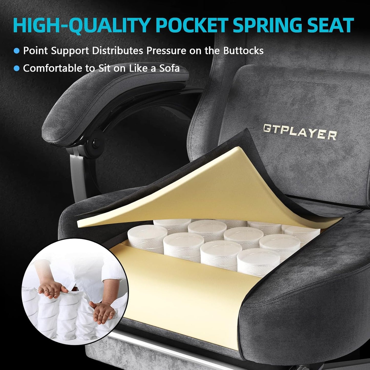 GTPLAYER Gaming Chair Fabric with Pocket Spring Cushion, Big and Tall Gamings Chairs 350LBS High Back Computer Chair with Footrest for Adults Lumbar Support Swivel Game Chair for Office Dark Grey
